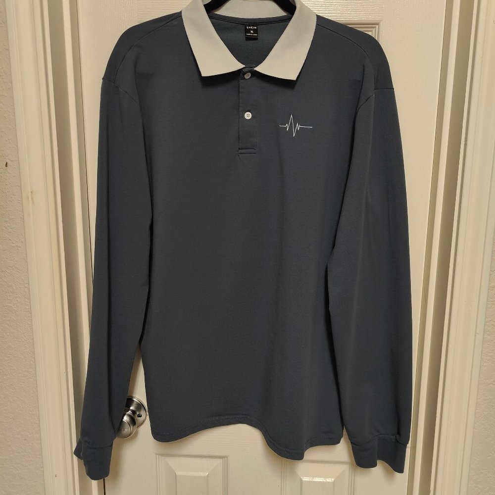 SHEIN Men Graphic Embroidery Polo Dusty  Blue Sweatshirt Long Sleeve Size XL